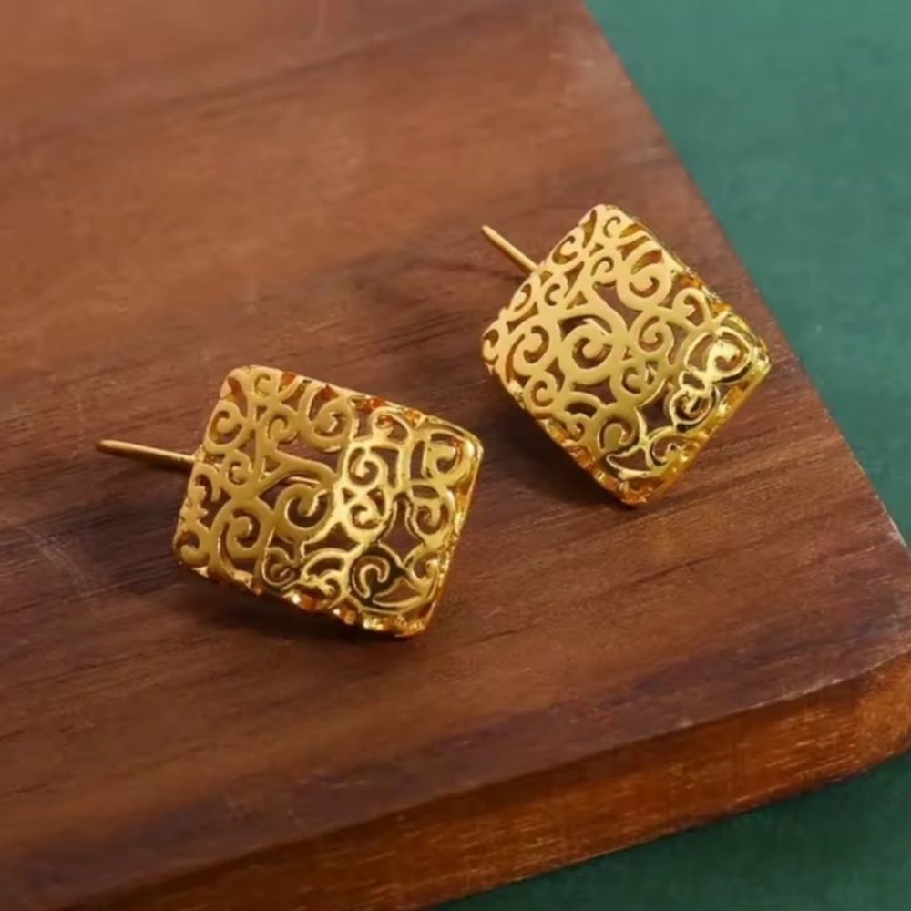 Gold Filigree Rectangle Earrings Lightweight Openwork Dangles Minimalist Jewelry - Picture 3 of 7